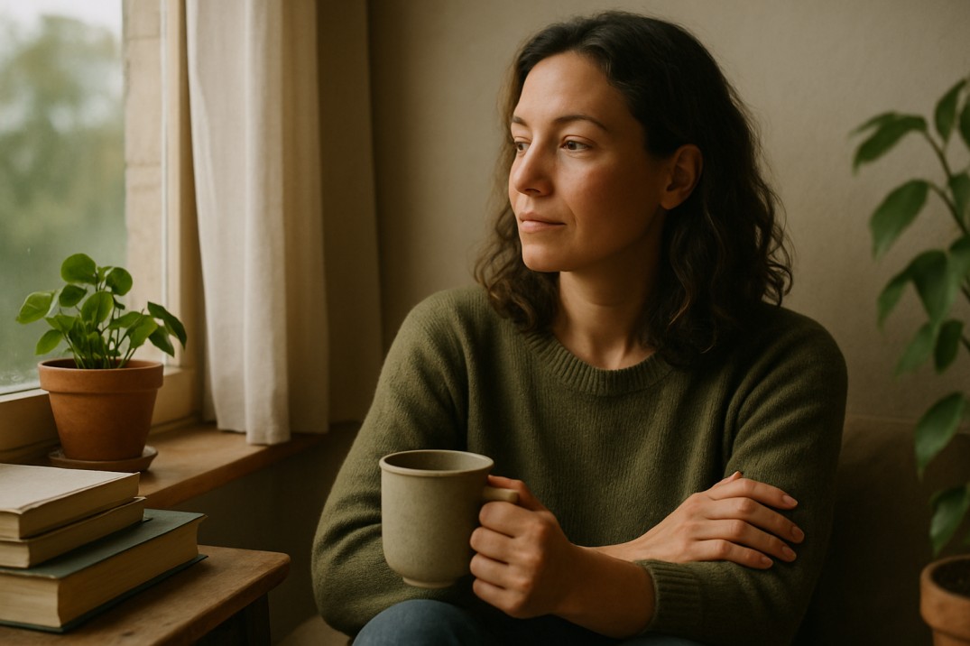 A realistic and natural image of a woman in a quiet, reflective moment — sitting near a window with soft natural light, surrounded by simple, cozy elements like books, plants, or a cup of tea. The person looks thoughtful and grounded, with a calm expression that reflects self-awareness and inner peace. No exaggerated emotions or artificial posing — just a genuine atmosphere of mindfulness and conscious living. The setting should feel warm and real, like part of an everyday life focused on well-being and intentional choices.