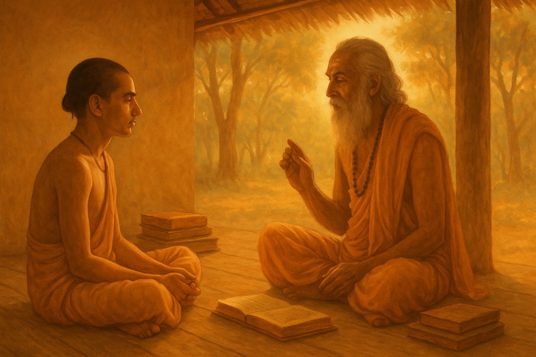 A serene and warm-toned scene of a traditional Indian Gurukula in nature — a young Brahmachari student sitting cross-legged on a wooden floor, listening mindfully to an elderly Guru. The environment is simple and natural, with clay walls, books, and a soft natural light streaming in. The background shows trees, warm sunlight, and earth tones. The scene should evoke inner discipline, humility, and focused learning, in a timeless setting.