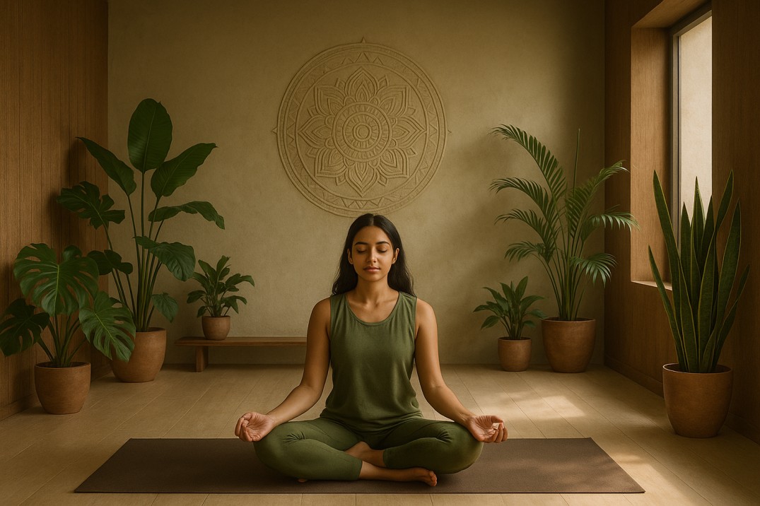 	A modern Indian-inspired serene yoga studio with a young woman in peaceful meditation, surrounded by green indoor plants, wooden textures, soft natural lighting, and earthy tones of green and brown. Calm atmosphere, minimalistic yet spiritual. The mood is introspective and he.