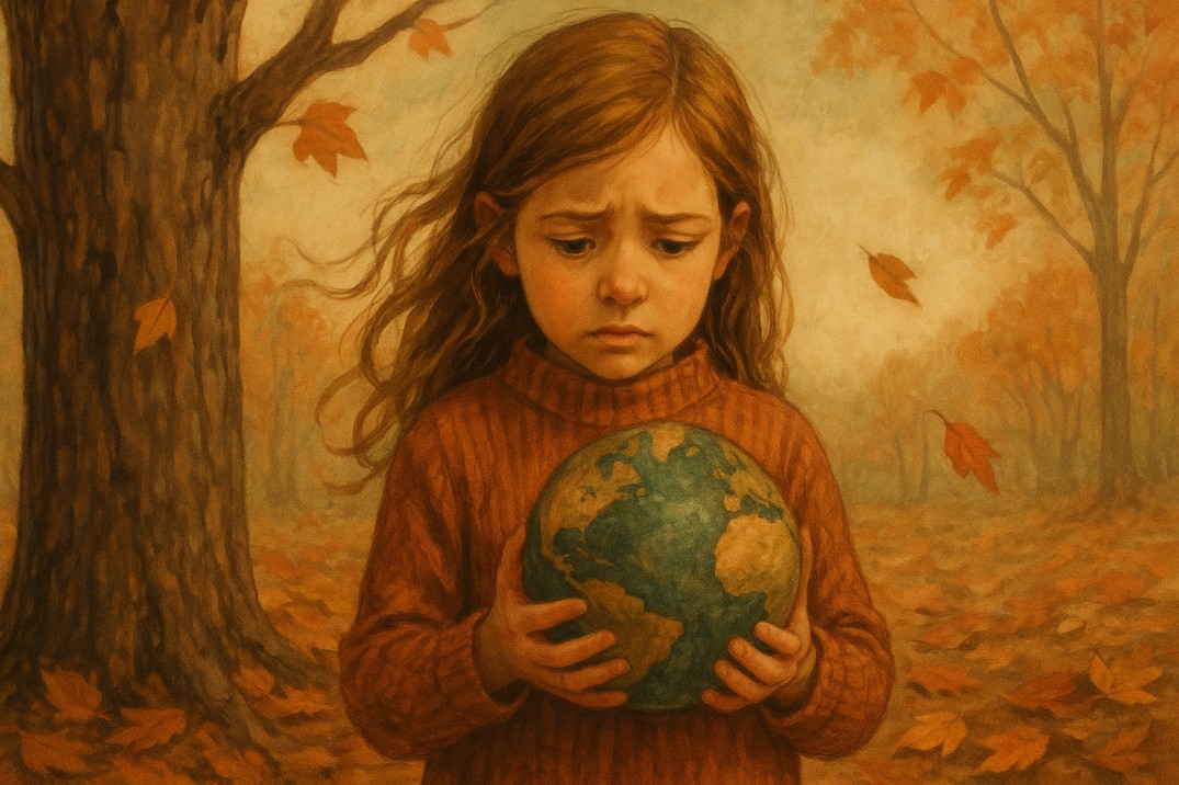 دختری نگران با چشمانی درگیر، در طبیعتی پاییزی با زمین کوچکی در دست، نمایانگر اضطراب اقلیمی در نوجوانان