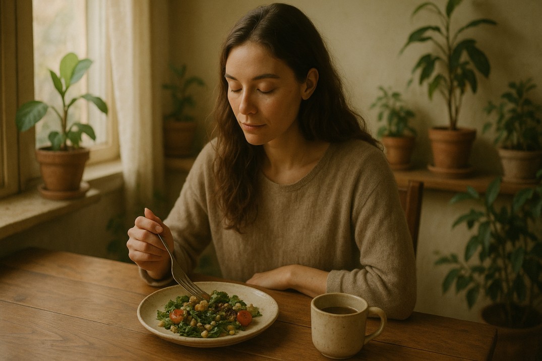 “A woman practicing mindful eating at a wooden table, surrounded by natural elements and calming earthy tones, evoking inner peace and connection with food.”