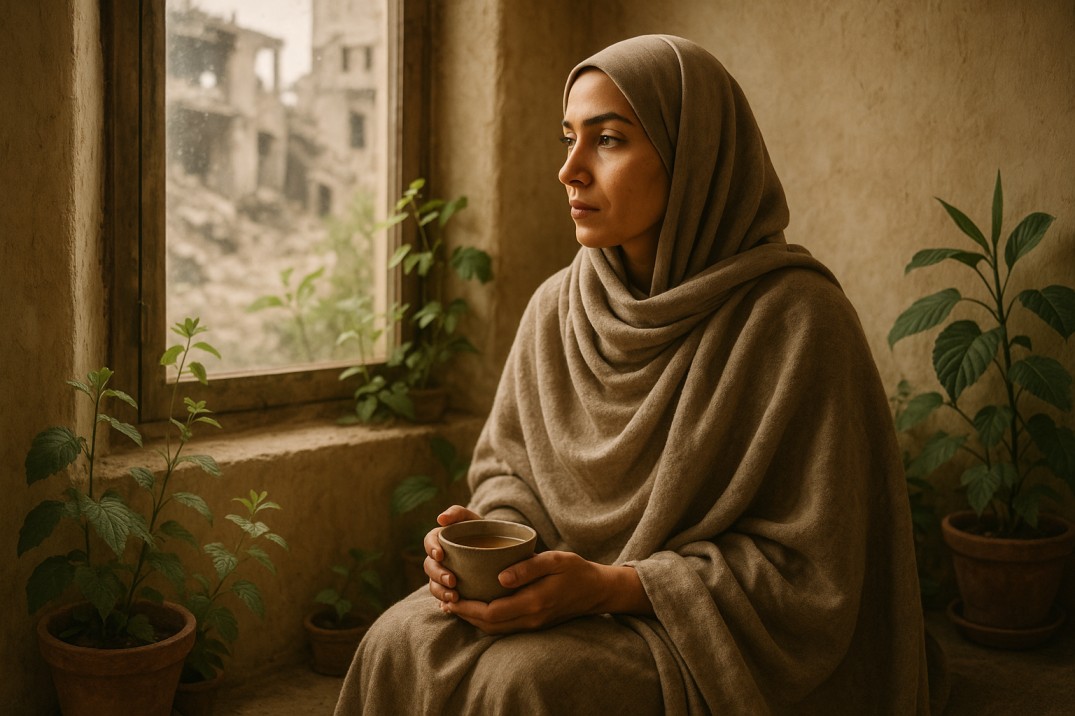 A woman finding calm in wartime through stillness and nature, symbolizing emotional resilience and grounded self-care