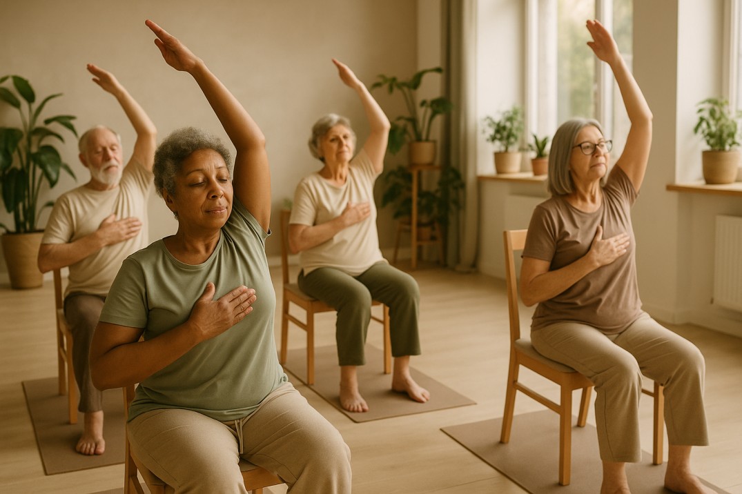 تمرین یوگا با صندلی برای سالمندان در محیط آرام و طبیعی